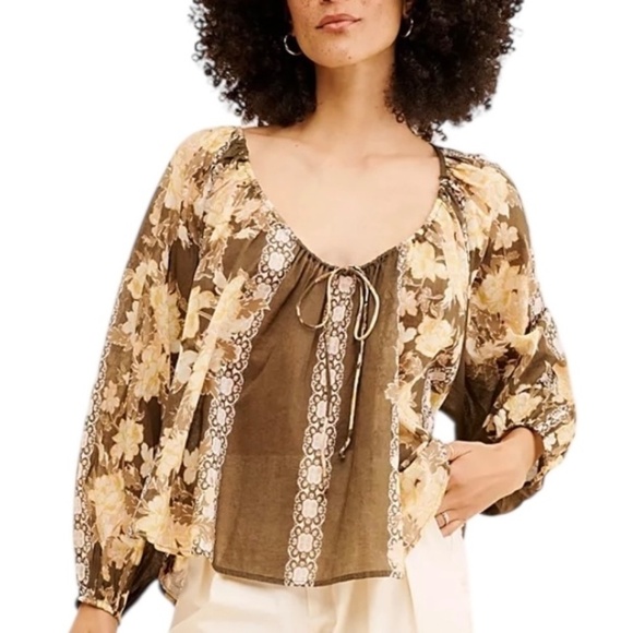 NEW with TagsFree People Elena Billowy Top Womens Sz. M Brown Cottagecore Boho